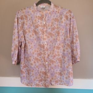 Vintage 70s 60s 3/4 sleeve button up butterflies and daisies
